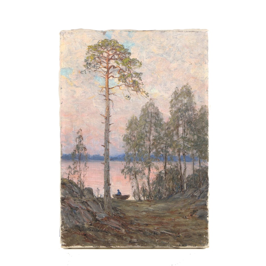 Wilhelm Dahlböm Impressionist Inspired Oil Painting of Lake Landscape