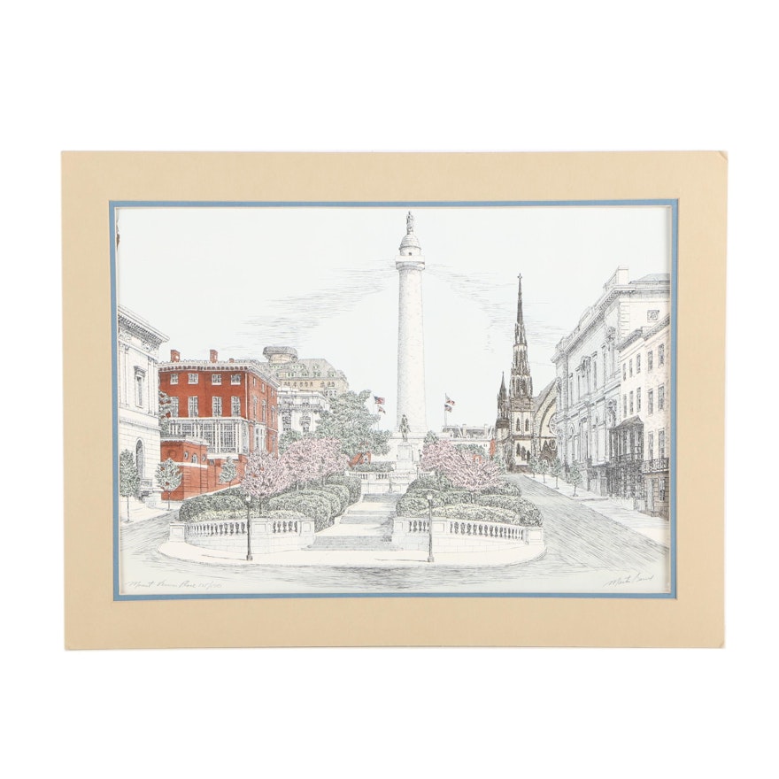 Martin Barry 1980 Lithograph of Baltimore's Mount Vernon Place