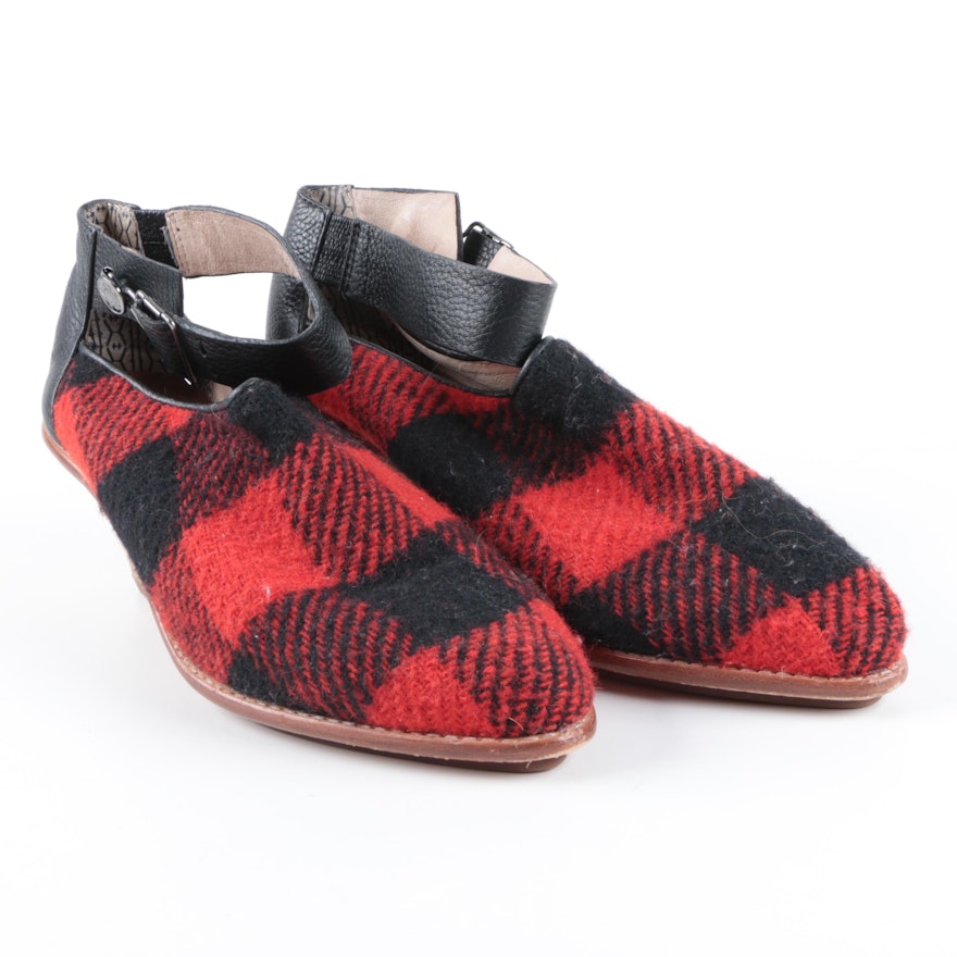 Women's Matt Bernson Plaid and Leather Heeled Shoes with Ankle Straps