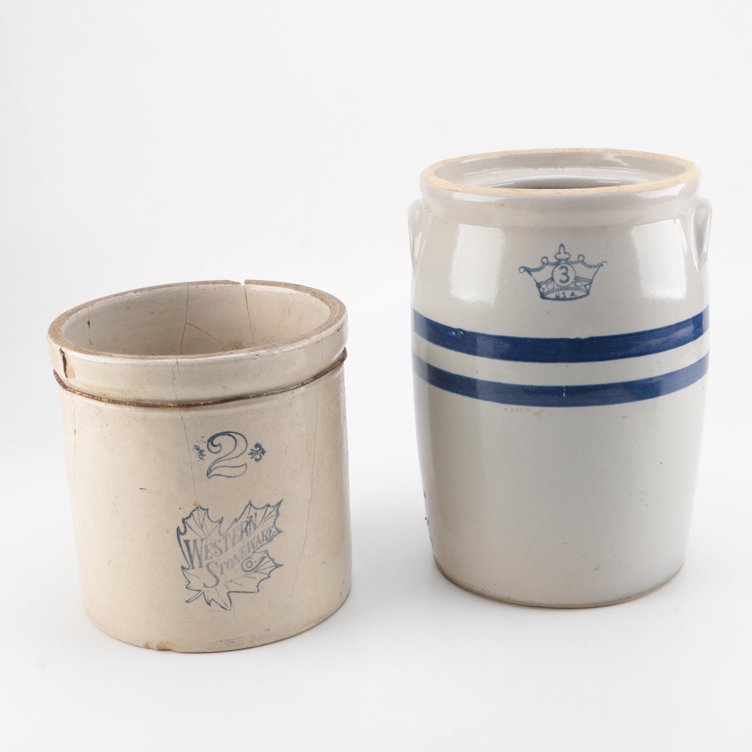 R.R.P. Co. and Western Stoneware Blue and Grey Crocks