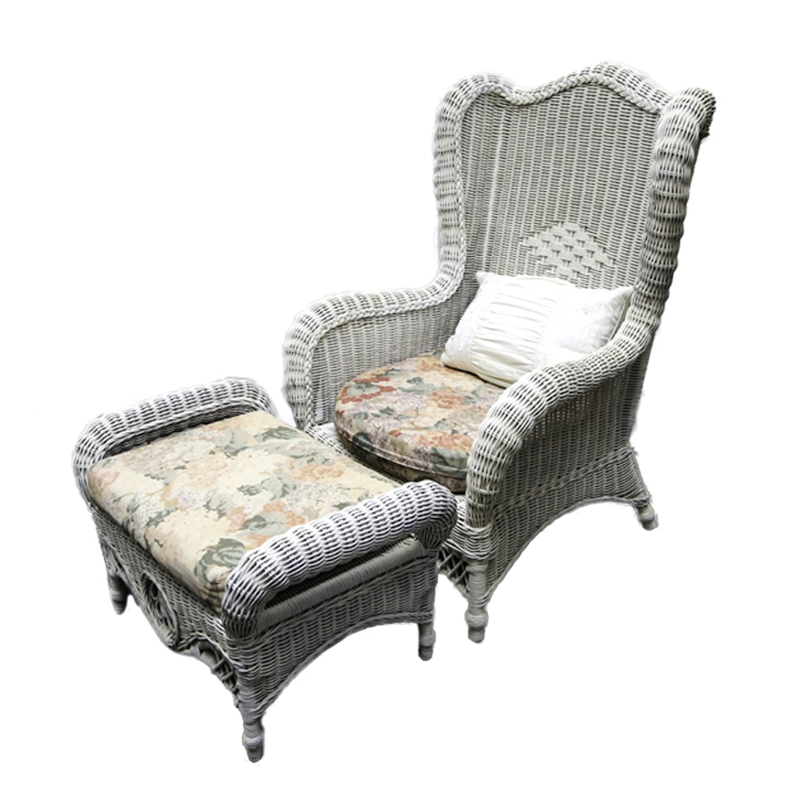 Wicker Wingback Chair with Ottoman