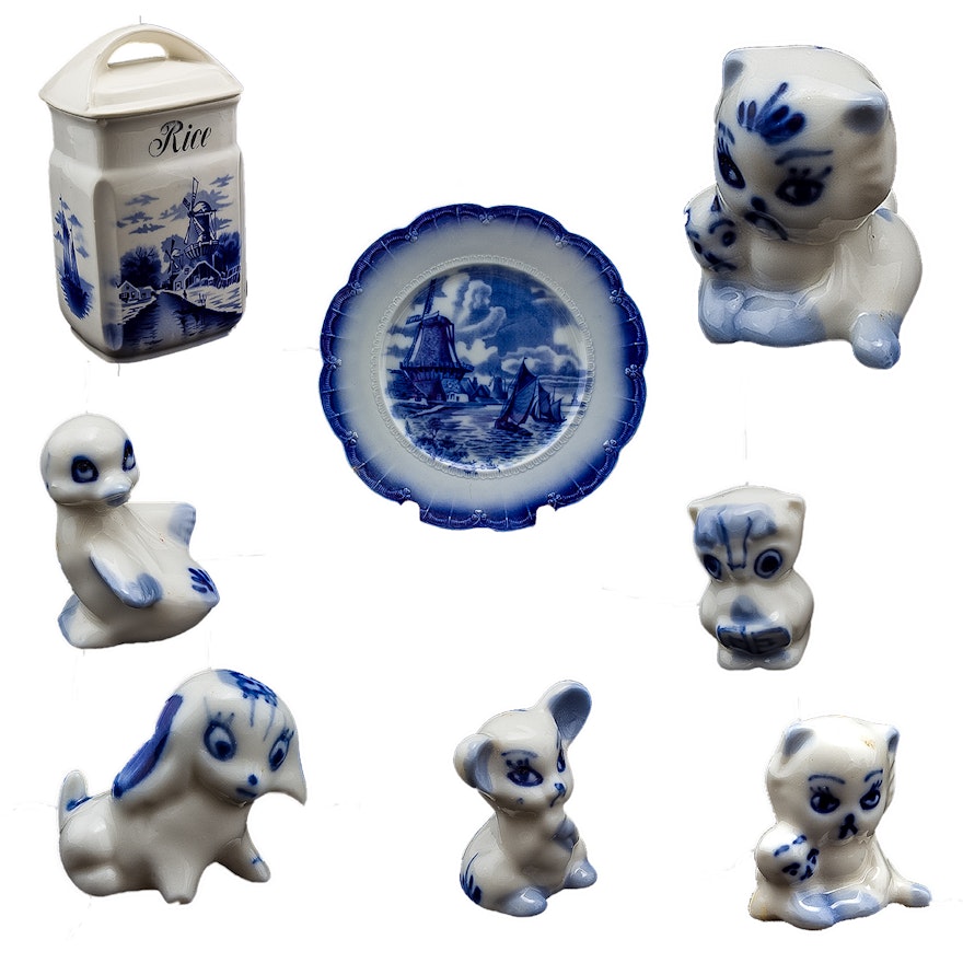 Vintage Delft Canister, Plate and Miniature Ceramic Figurines