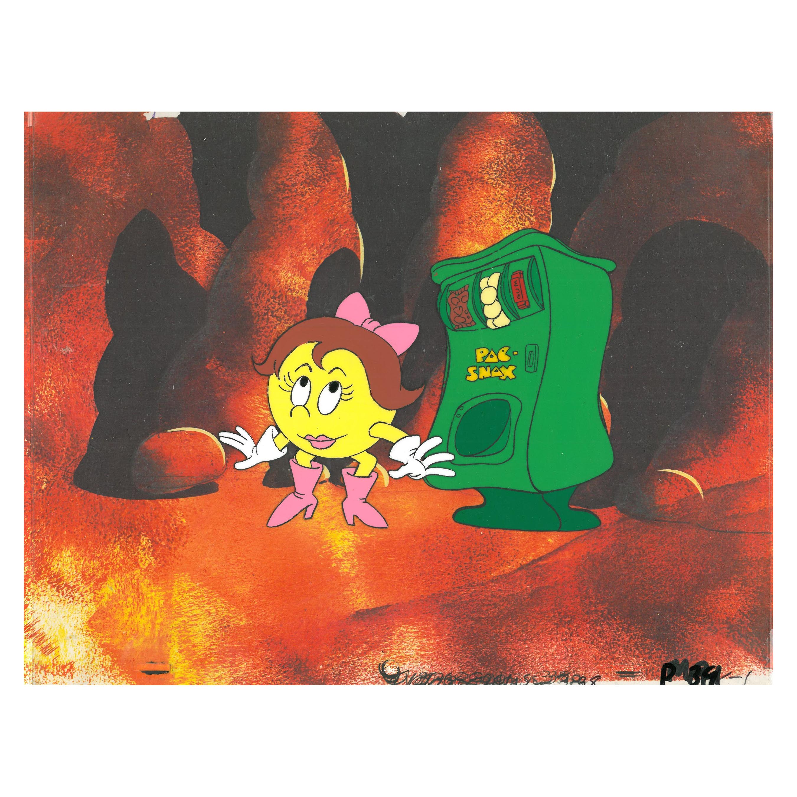 A Set of Pac-Man Original Production Cel of Mrs. Pepper Pac-Man With Drawing