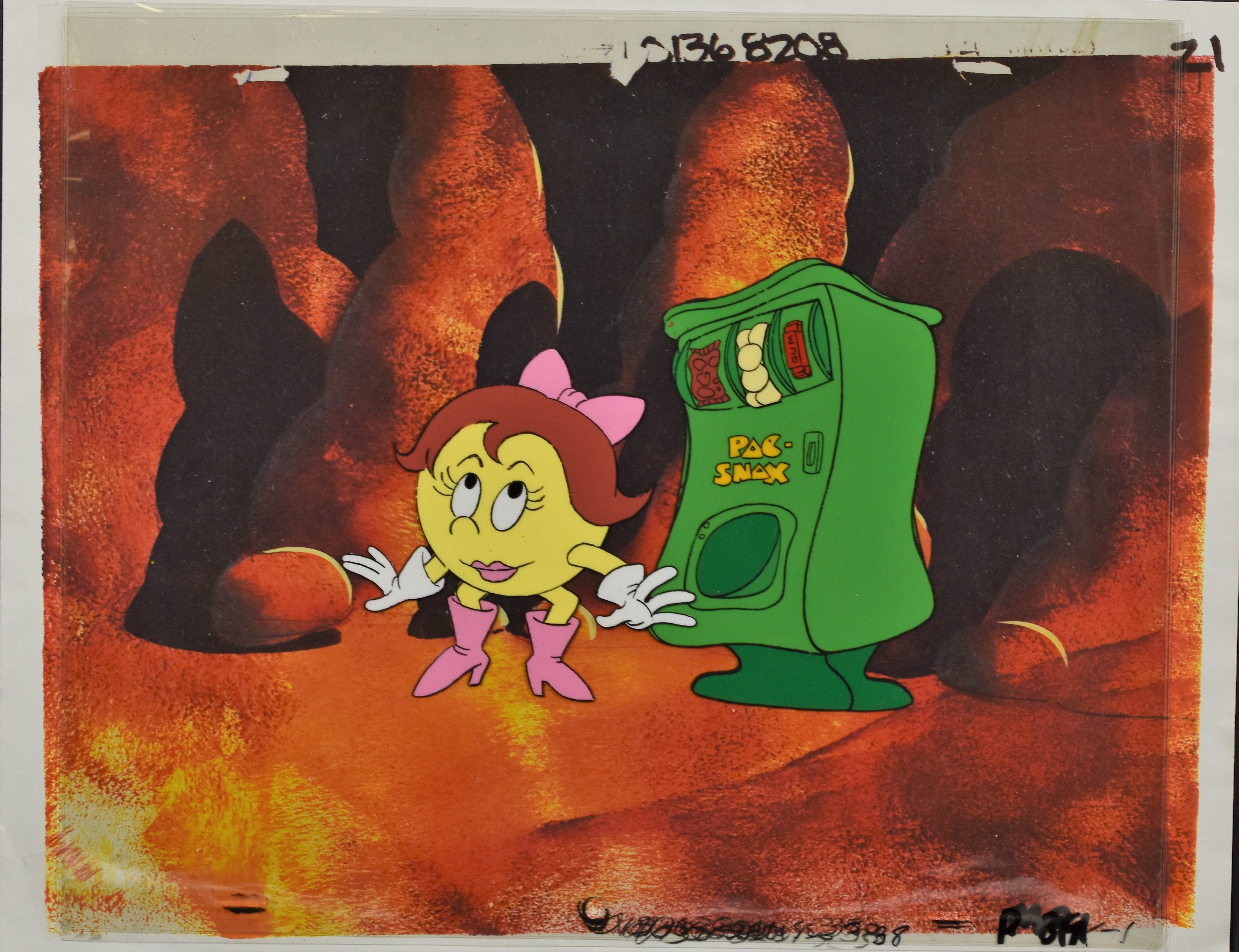 A Set of Pac-Man Original Production Cel of Mrs. Pepper Pac-Man With Drawing