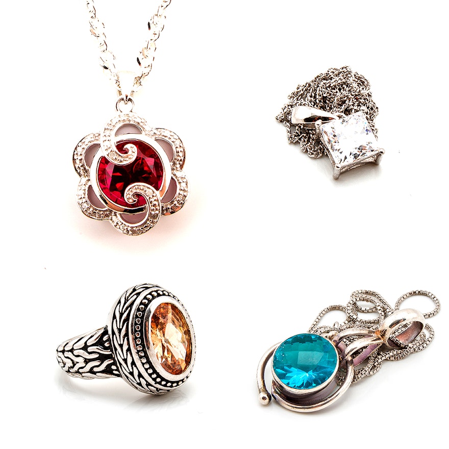 Sterling Necklaces and Ring Featuring a Diamond Pendant and Cubic Zirconia