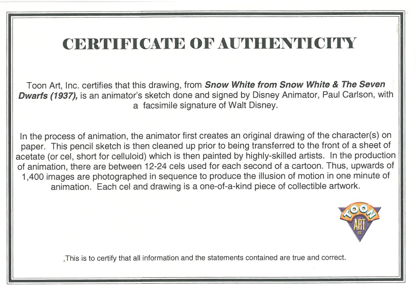 Walt Disney sketch -Snow White - signed by Disney animator Paul Carlson