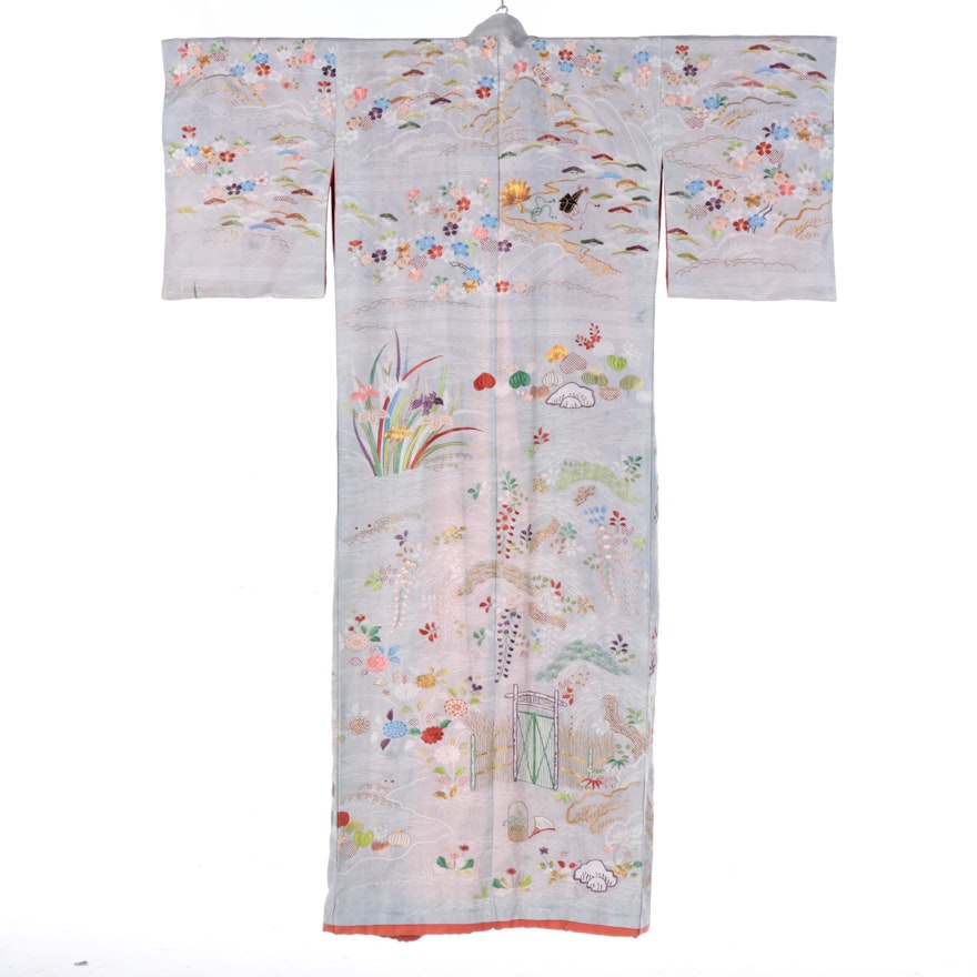 Japanese Antique Late Meiji/ Early Taisho Era Hand Embroidered Silk Kimono