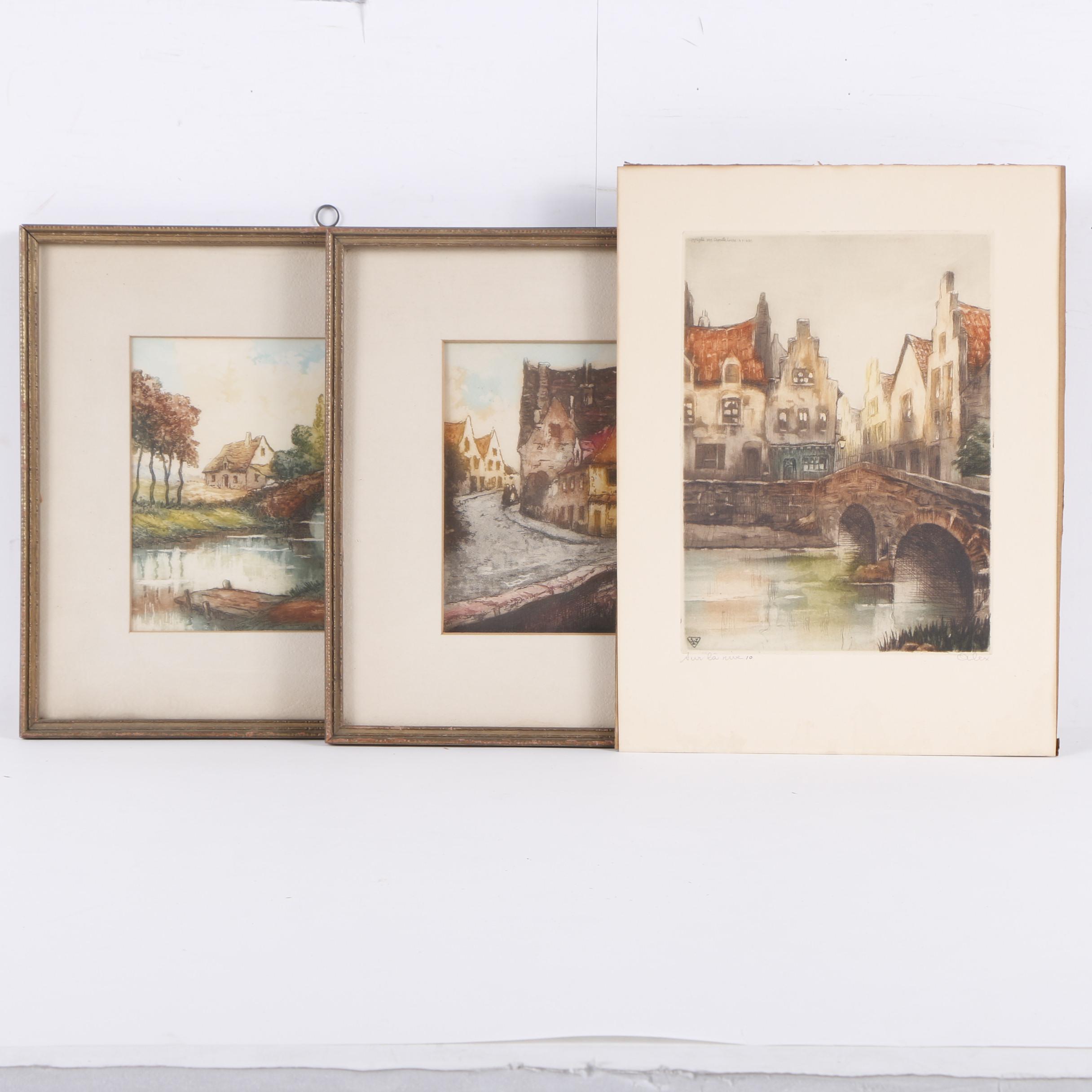 Three Circa 1930s Color Etchings on Paper of French Landscape Scenes