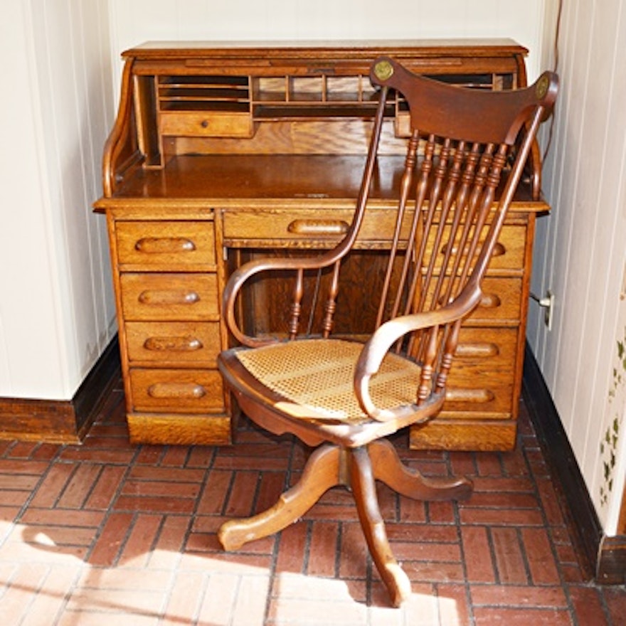 Vintage Oak Roll Top Desk and Swivel Desk Chair