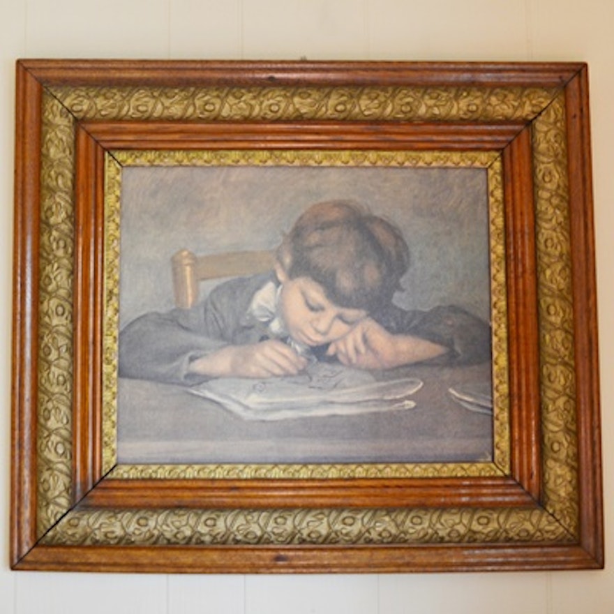 Vintage Oil Painting "Boy Writing" After Pierre-Auguste Renoir