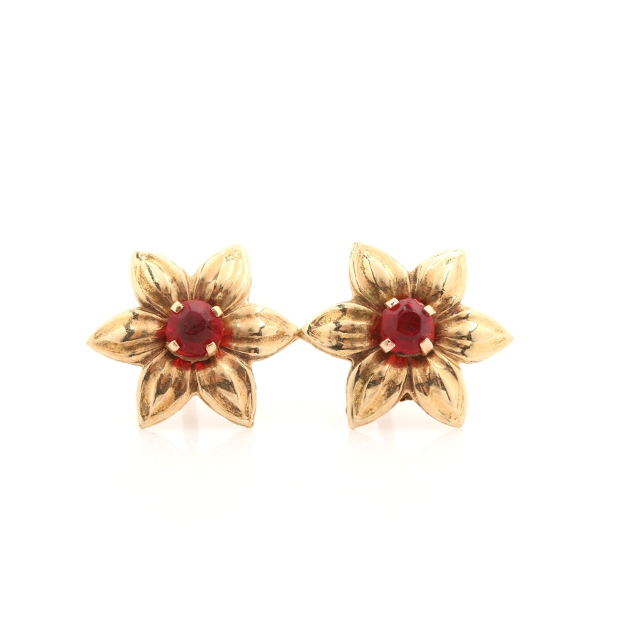 14K Yellow Gold Red Glass Flower Stud Earrings