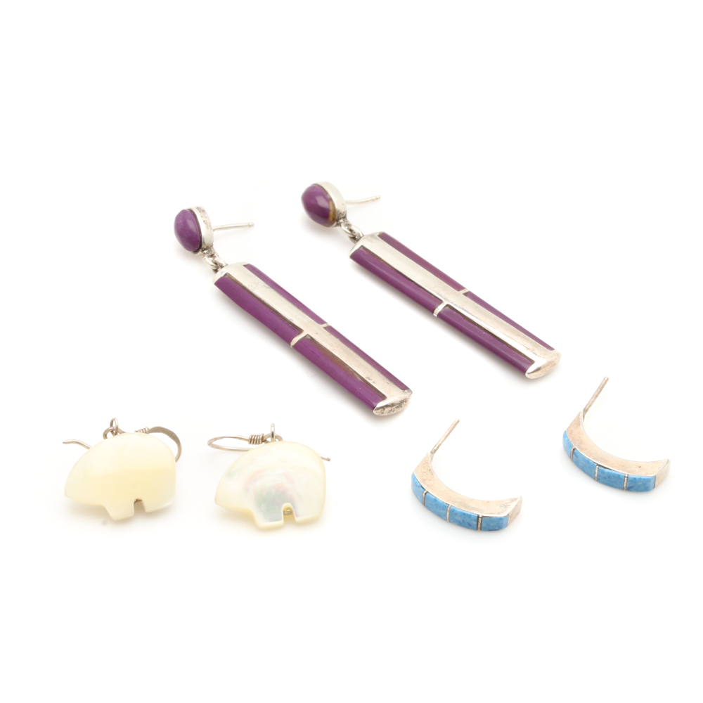 Sterling Silver Earrings with Mother of Pearl and Imitation Gemstones