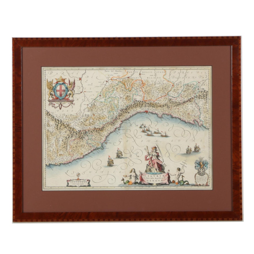 (PRIO)Hand-Colored Engraving After Willem Janszoon Blaeu's Map of Liguria, Italy