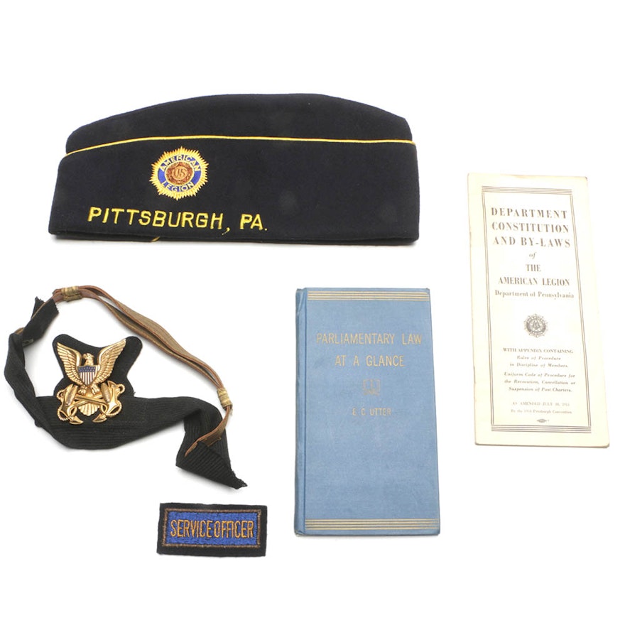 WWII U.S. Navy Badge With Hat Band and American Legion Memorabilia