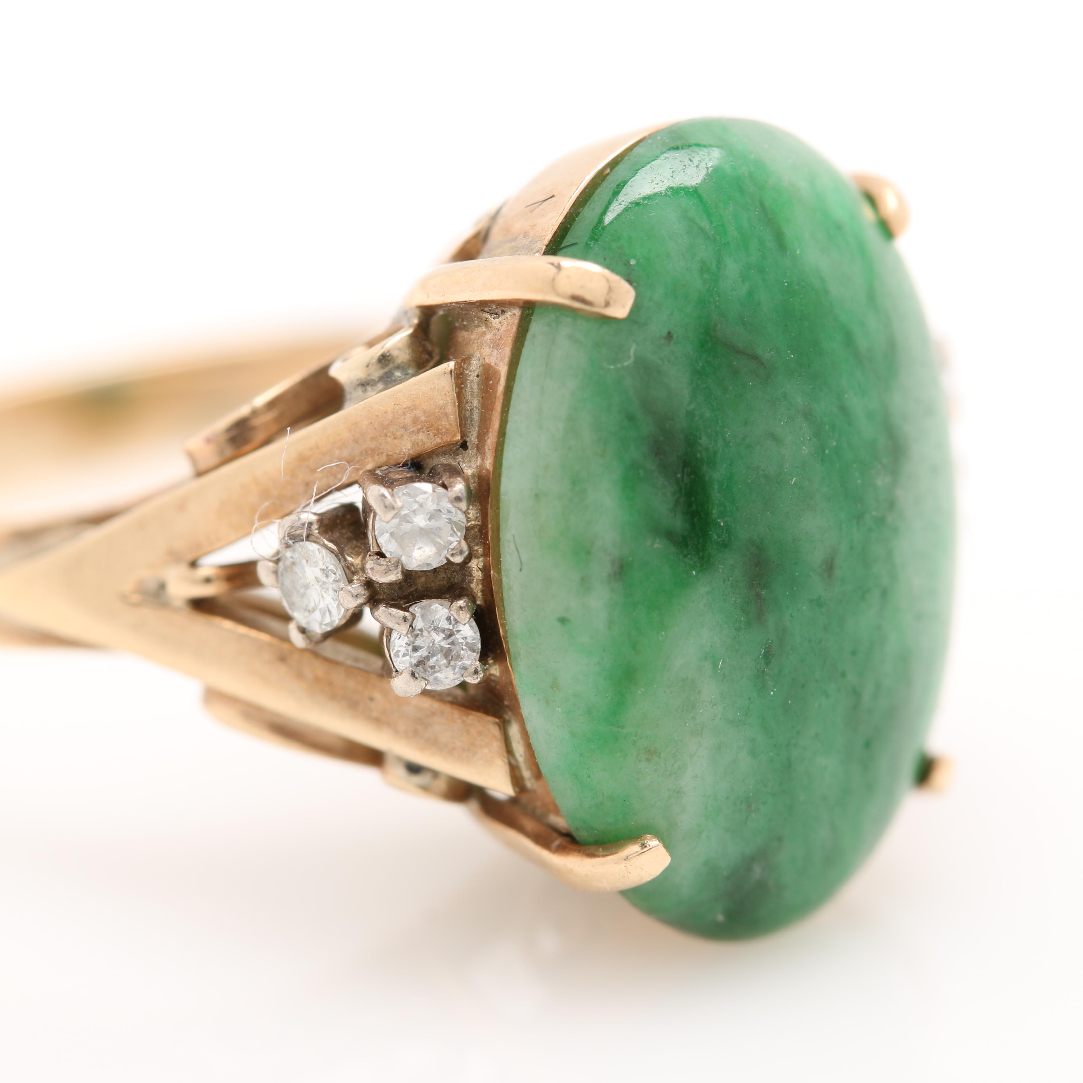 14K Yellow Gold Jadeite and Diamond Ring