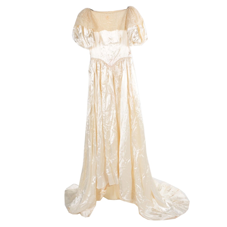 Vintage Circa 1940s Ivory Satin and Alençon Lace Wedding Dress