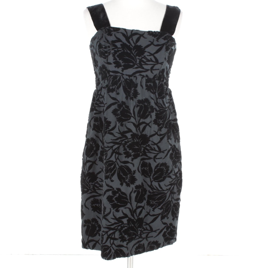 Flocked Floral Black Velvet Sleeveless Cocktail Dress