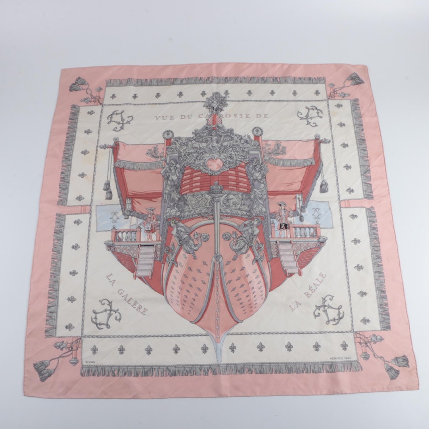 Circa 1980s Vintage Hermès "Vue Du Carrosse De La Galère La Réale" Silk Scarf