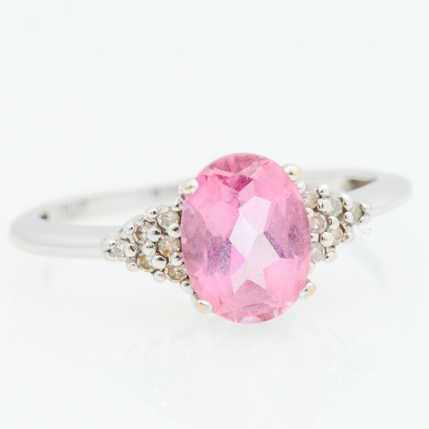 14K White Gold Pink Topaz and Diamond Ring