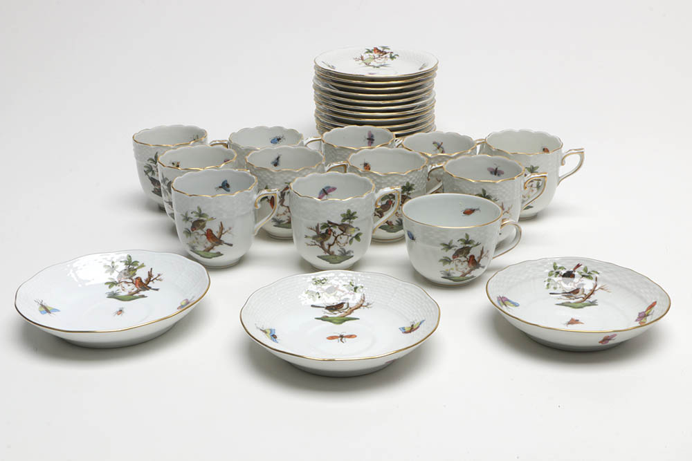 Herend Hungary "Rothschilds Bird" Porcelain Chocolate Cups and Saucers