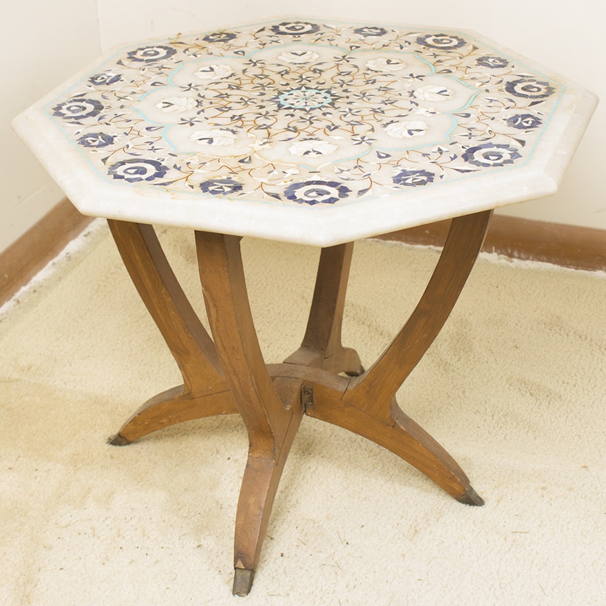 East Indian Inlaid Marble Table Top on Teak Base