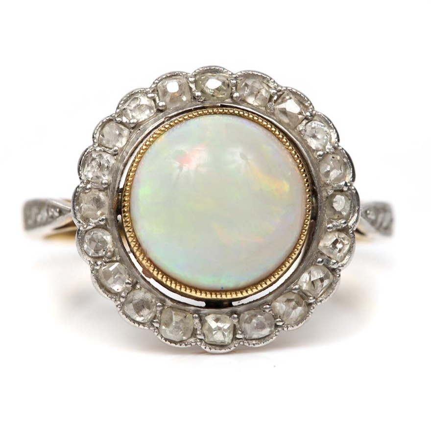Vintage Hand Fabricated Platinum, 18K Yellow Gold, Opal and Diamond Ring