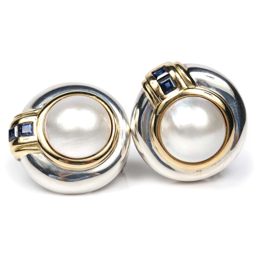 Tiffany & Co. Sterling Silver, 18K Yellow Gold, Mabe Pearl and Sapphire Earrings