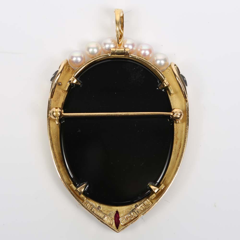 18K Yellow Gold, Platinum, Cultured Pearl, Diamond and Ruby Cameo Brooch Pendant