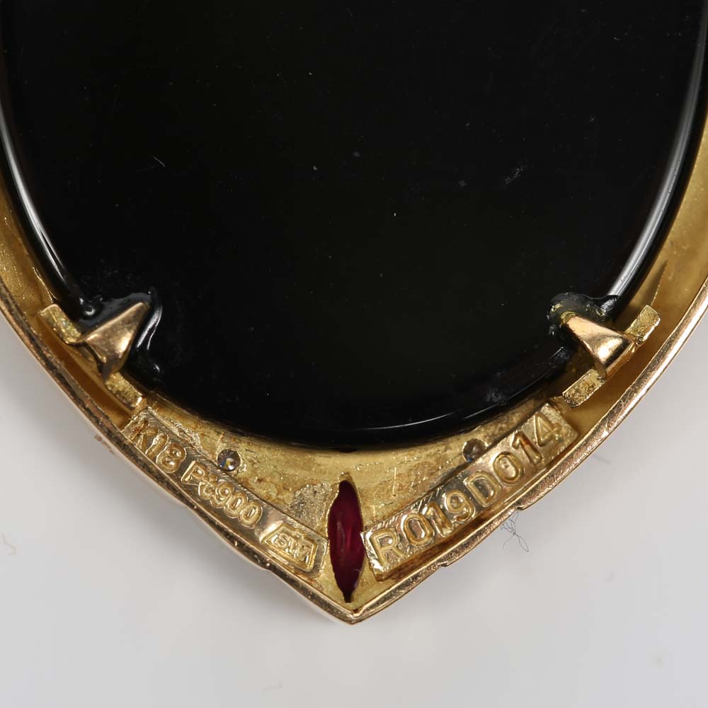 18K Yellow Gold, Platinum, Cultured Pearl, Diamond and Ruby Cameo Brooch Pendant