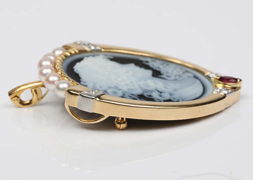 18K Yellow Gold, Platinum, Cultured Pearl, Diamond and Ruby Cameo Brooch Pendant