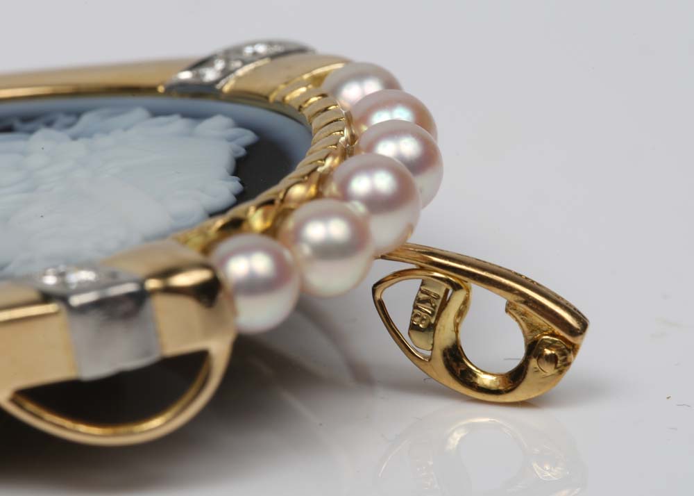 18K Yellow Gold, Platinum, Cultured Pearl, Diamond and Ruby Cameo Brooch Pendant