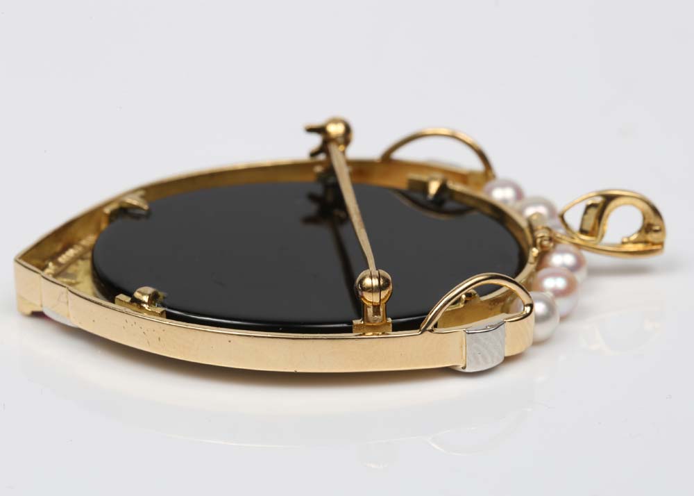 18K Yellow Gold, Platinum, Cultured Pearl, Diamond and Ruby Cameo Brooch Pendant