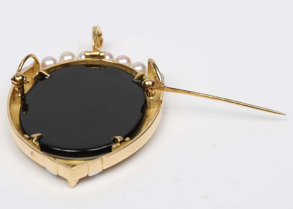 18K Yellow Gold, Platinum, Cultured Pearl, Diamond and Ruby Cameo Brooch Pendant