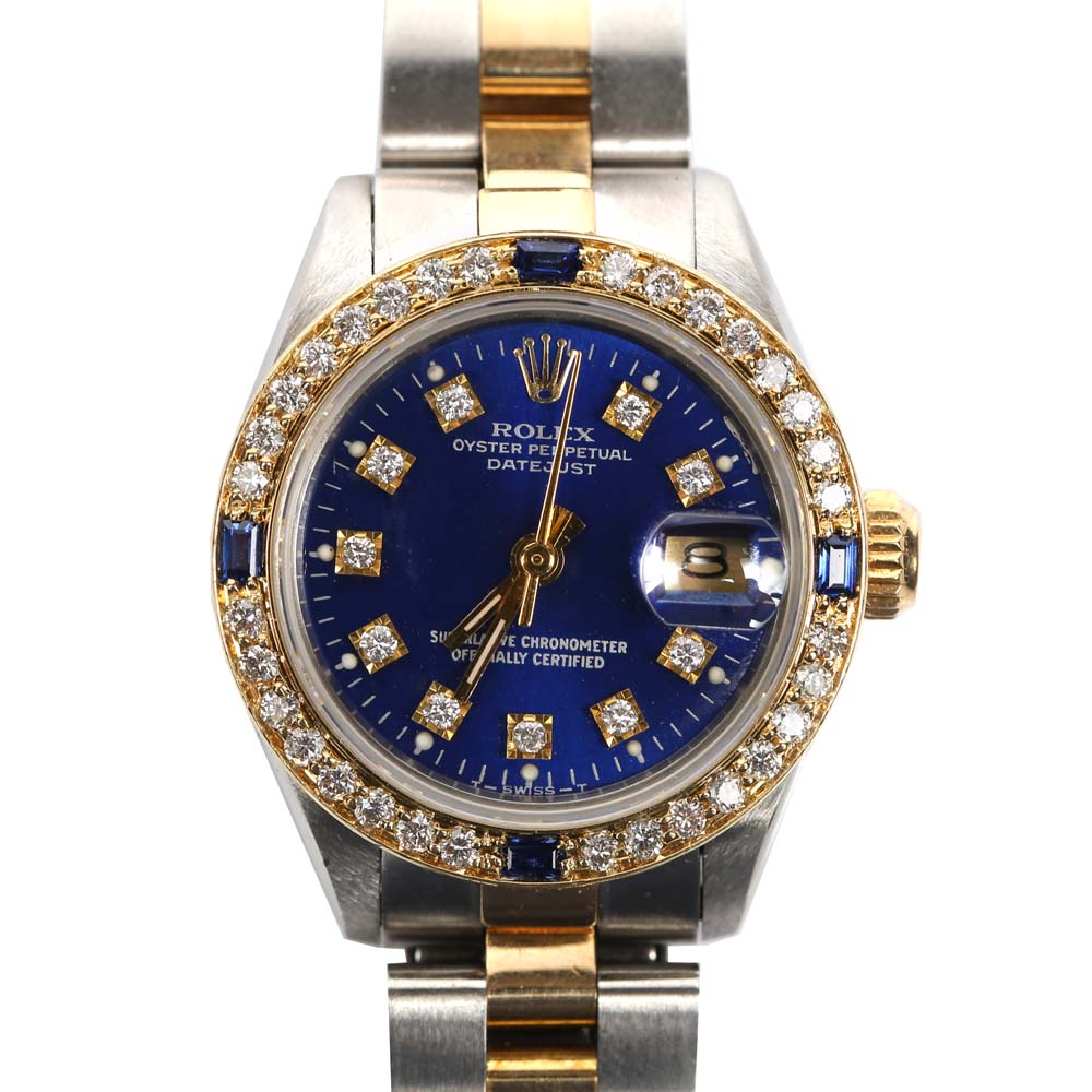 Rolex 18K Yellow Gold, Diamond and Sapphire Oyster Perpetual Datejust Watch