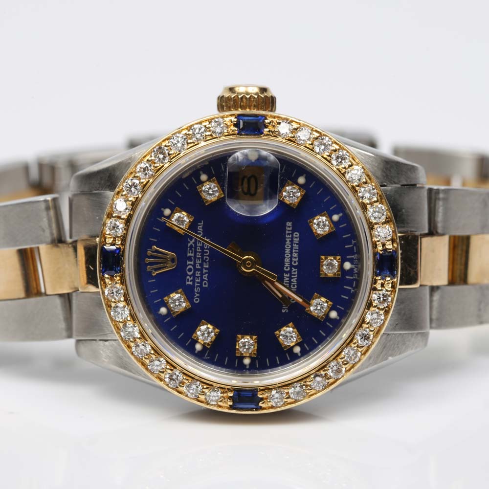 Rolex 18K Yellow Gold, Diamond and Sapphire Oyster Perpetual Datejust Watch