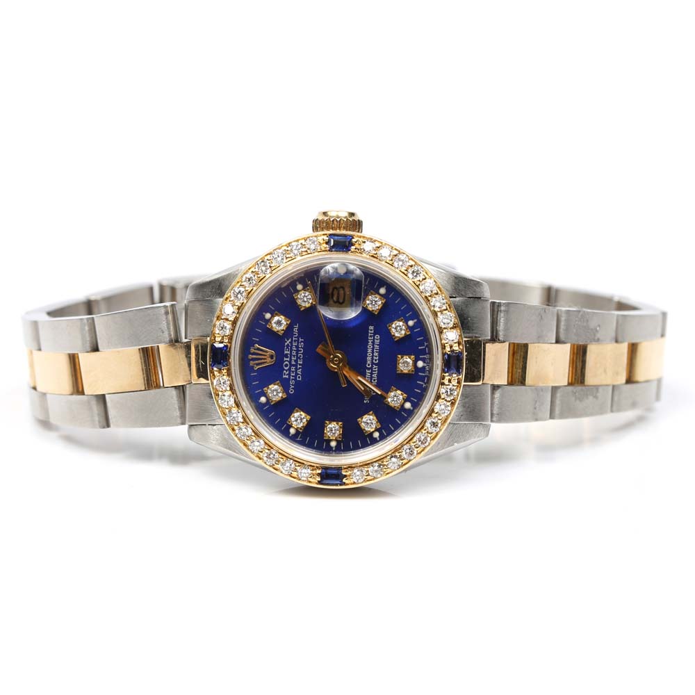 Rolex 18K Yellow Gold, Diamond and Sapphire Oyster Perpetual Datejust Watch