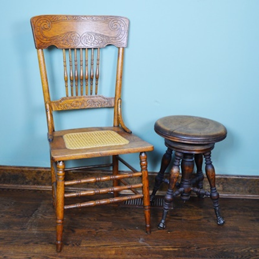 Vintage Cane Seat Chair and Swivel Stool