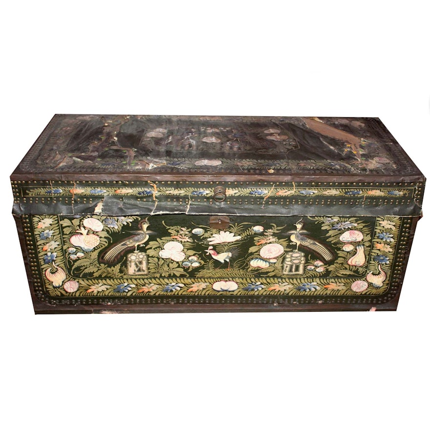 Green and Black Antique Chinese Camphor Wood Trunk