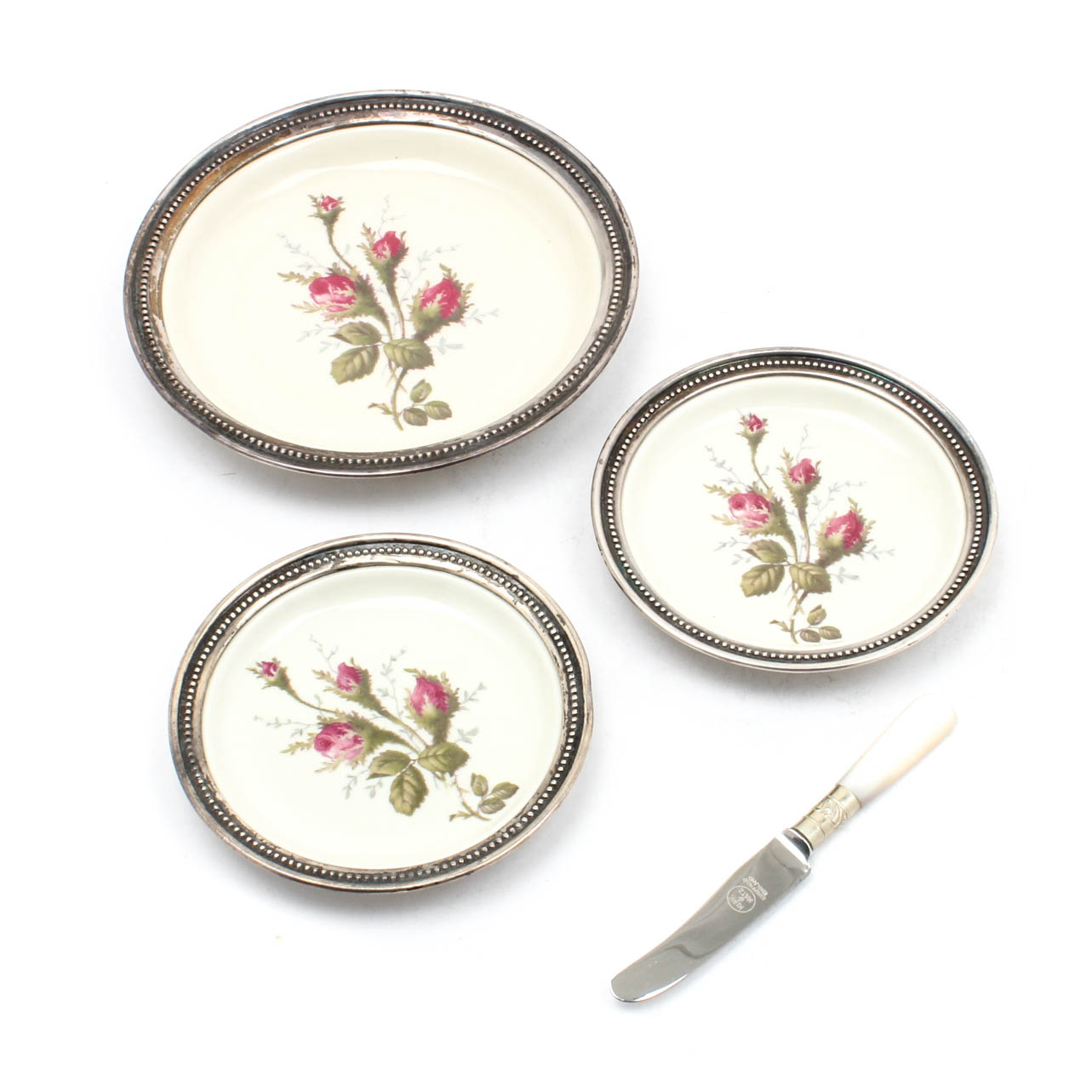 Sterling Silver Rimmed Rosenthal Porcelain Plates and Kirk & Matz Knife