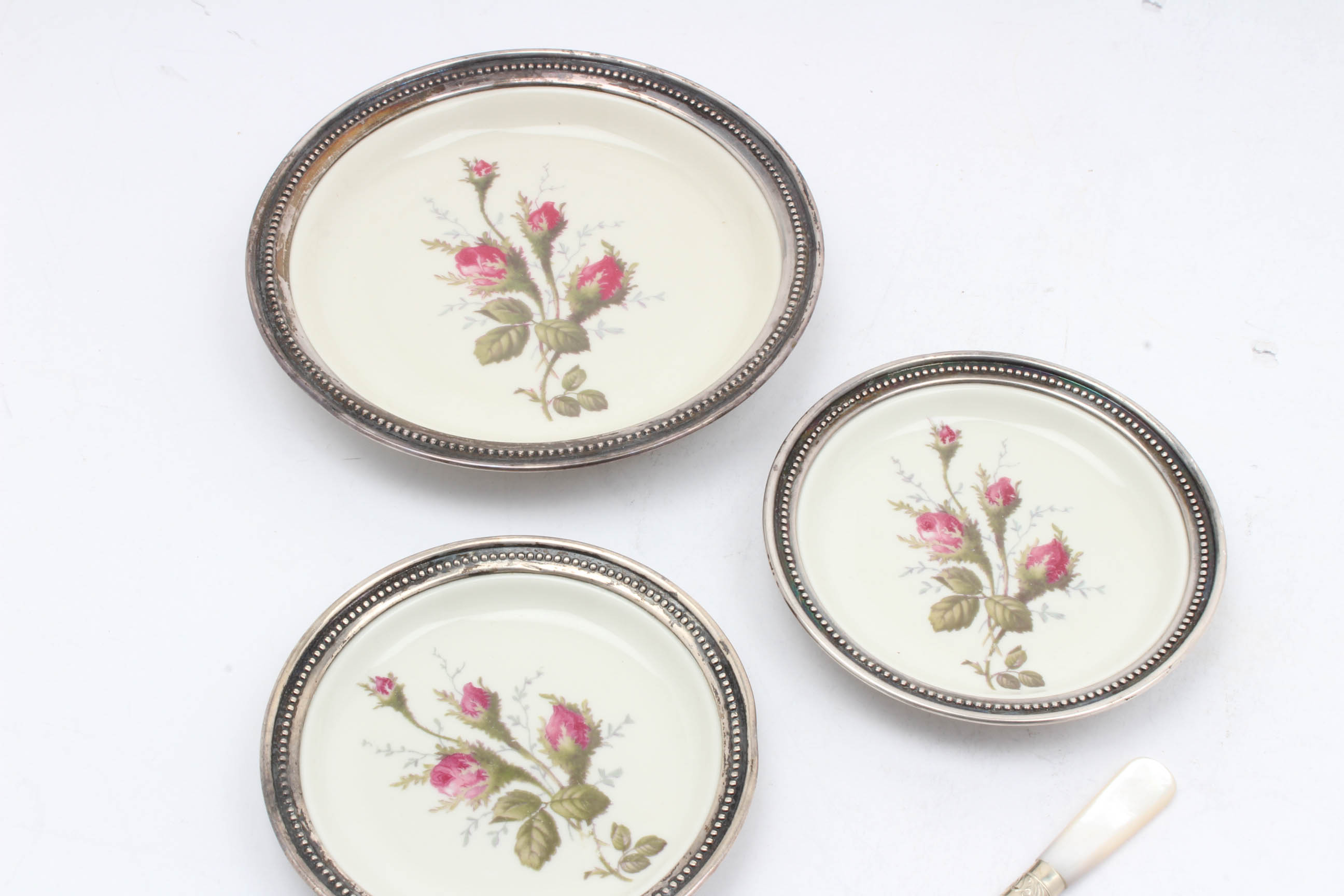 Sterling Silver Rimmed Rosenthal Porcelain Plates and Kirk & Matz Knife