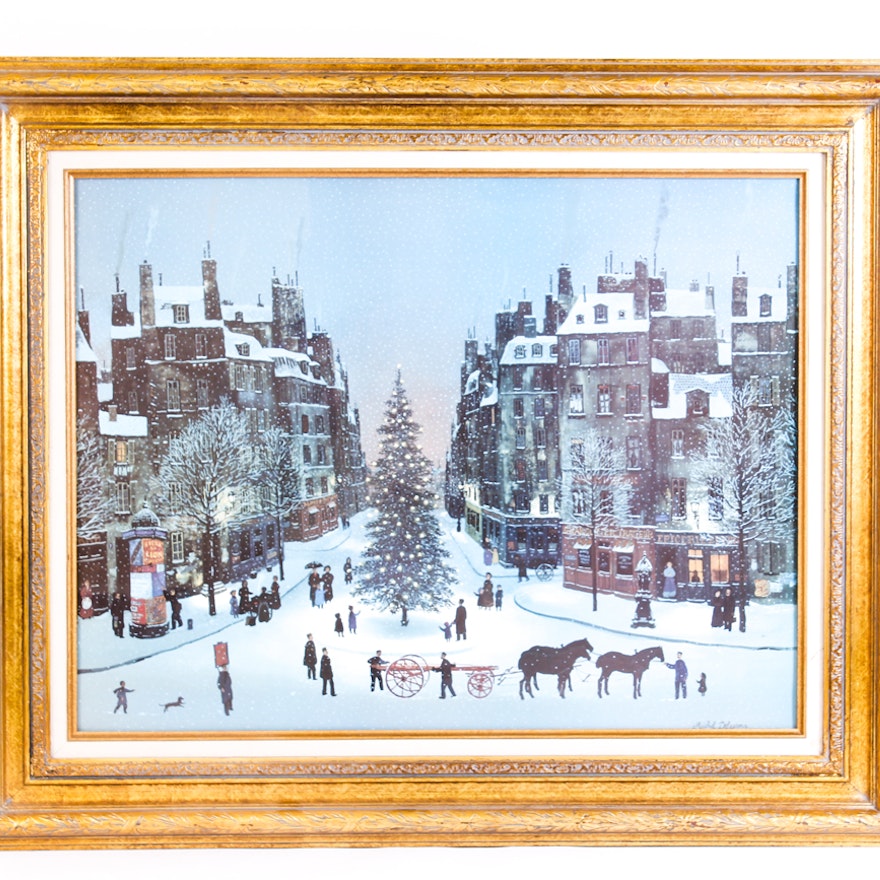 Michel Delacroix Offset Lithograph of a Snow Covered Holiday Street Scene
