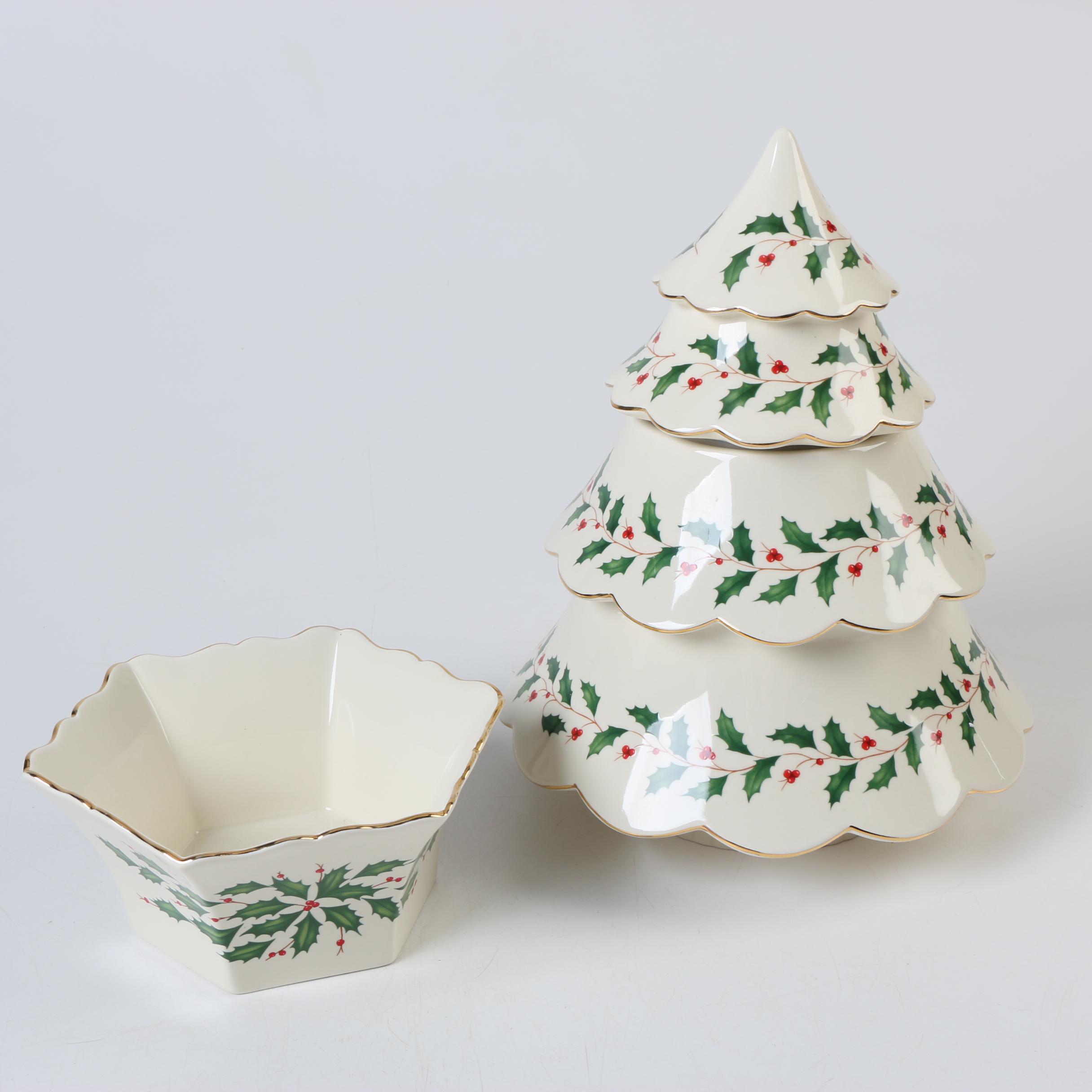 Lenox "Holiday" Christmas Tree Cookie Jar and Paneled Bowl