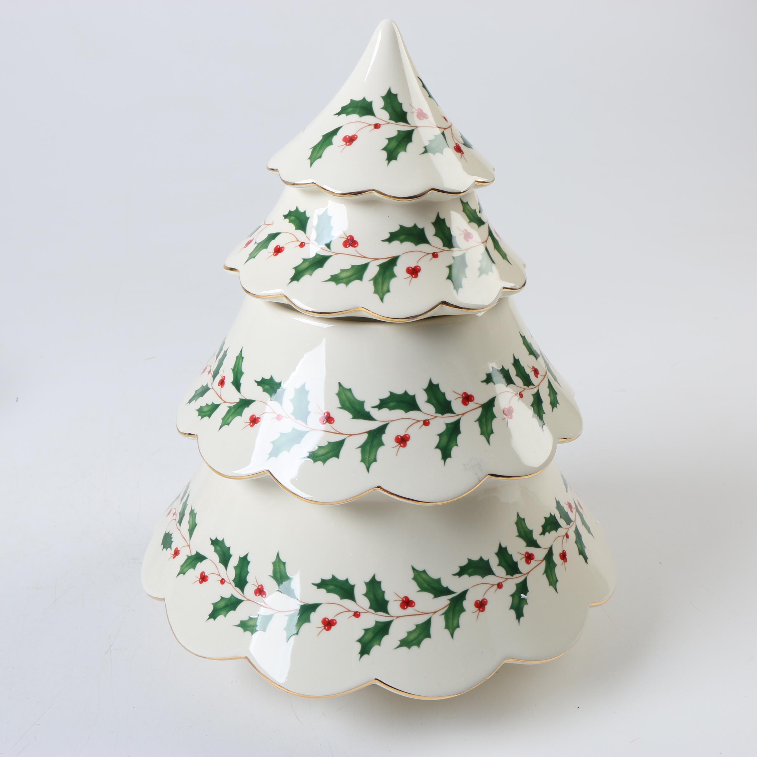 Lenox "Holiday" Christmas Tree Cookie Jar and Paneled Bowl