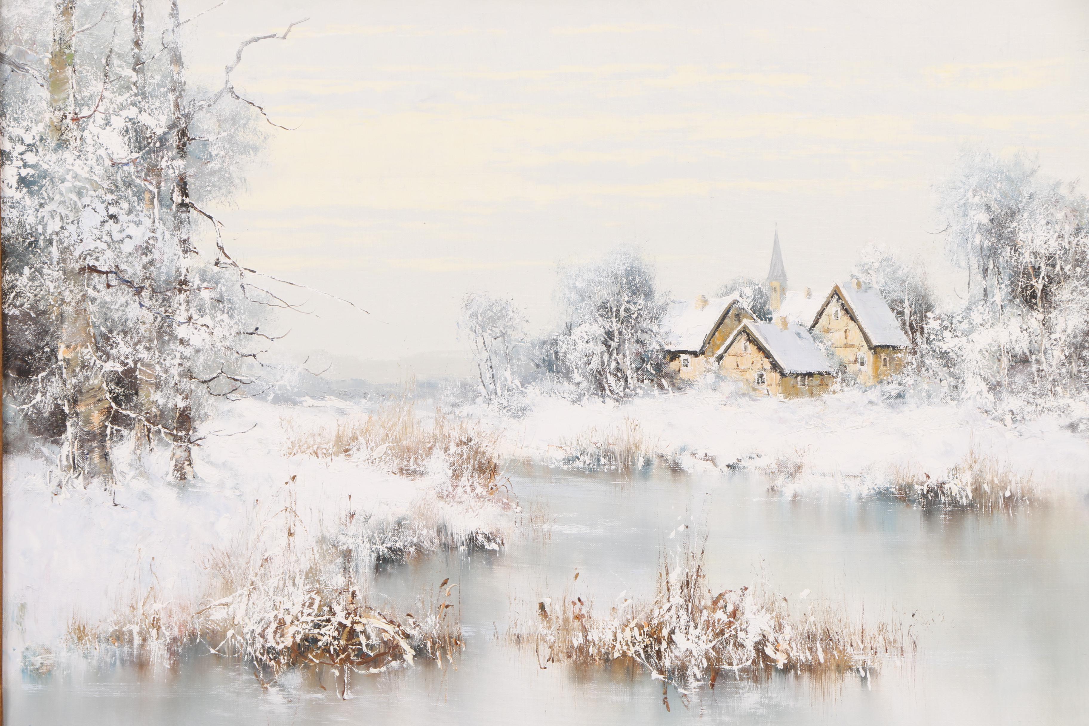 Oil Painting of House by a Lake