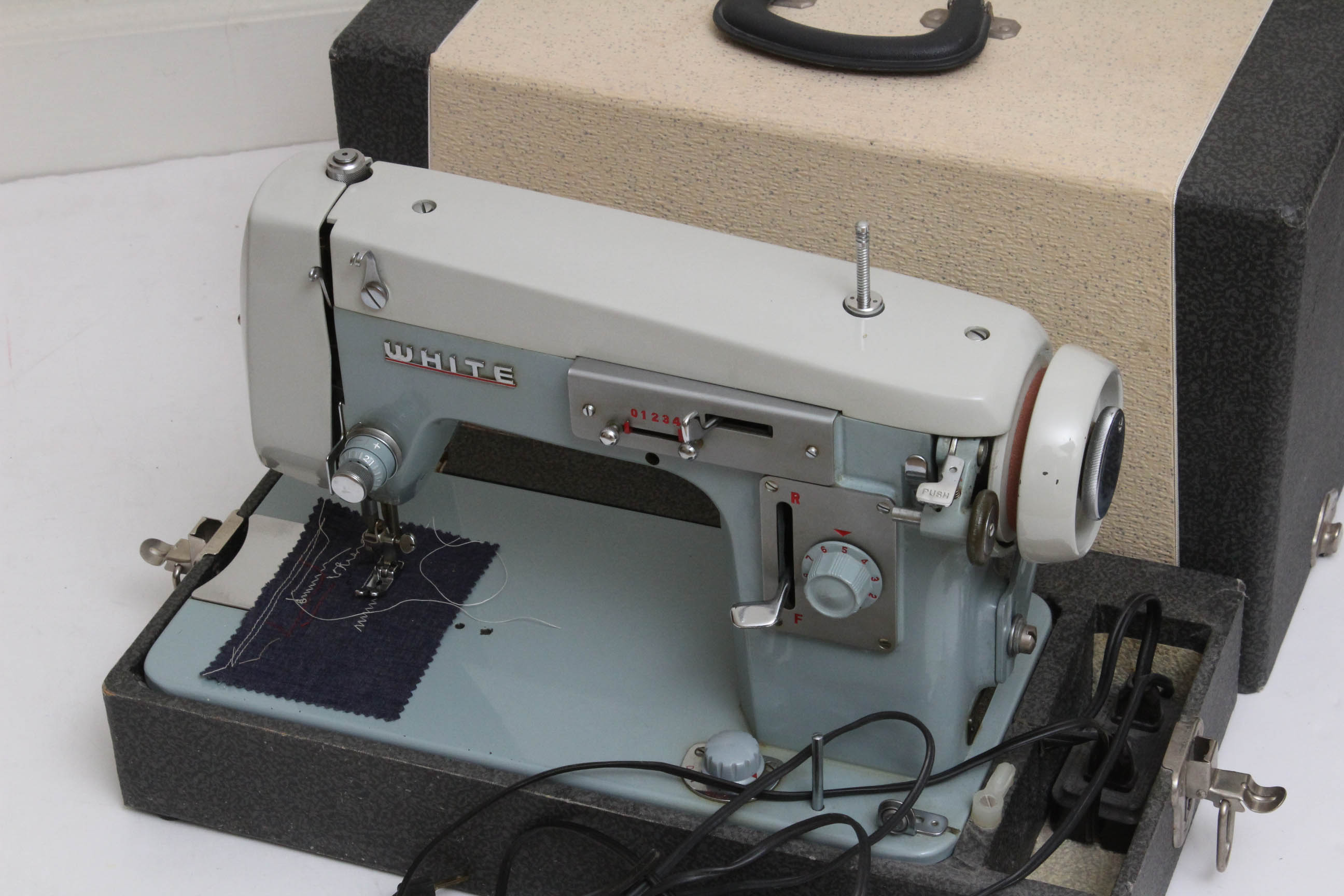 Vintage White Sewing Machine in Case