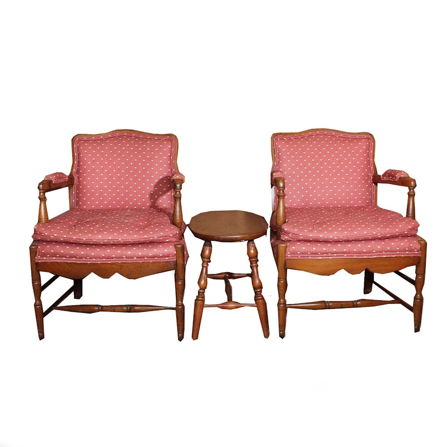 Pair of Vintage Tufted Upholstered Armchairs and Side Table