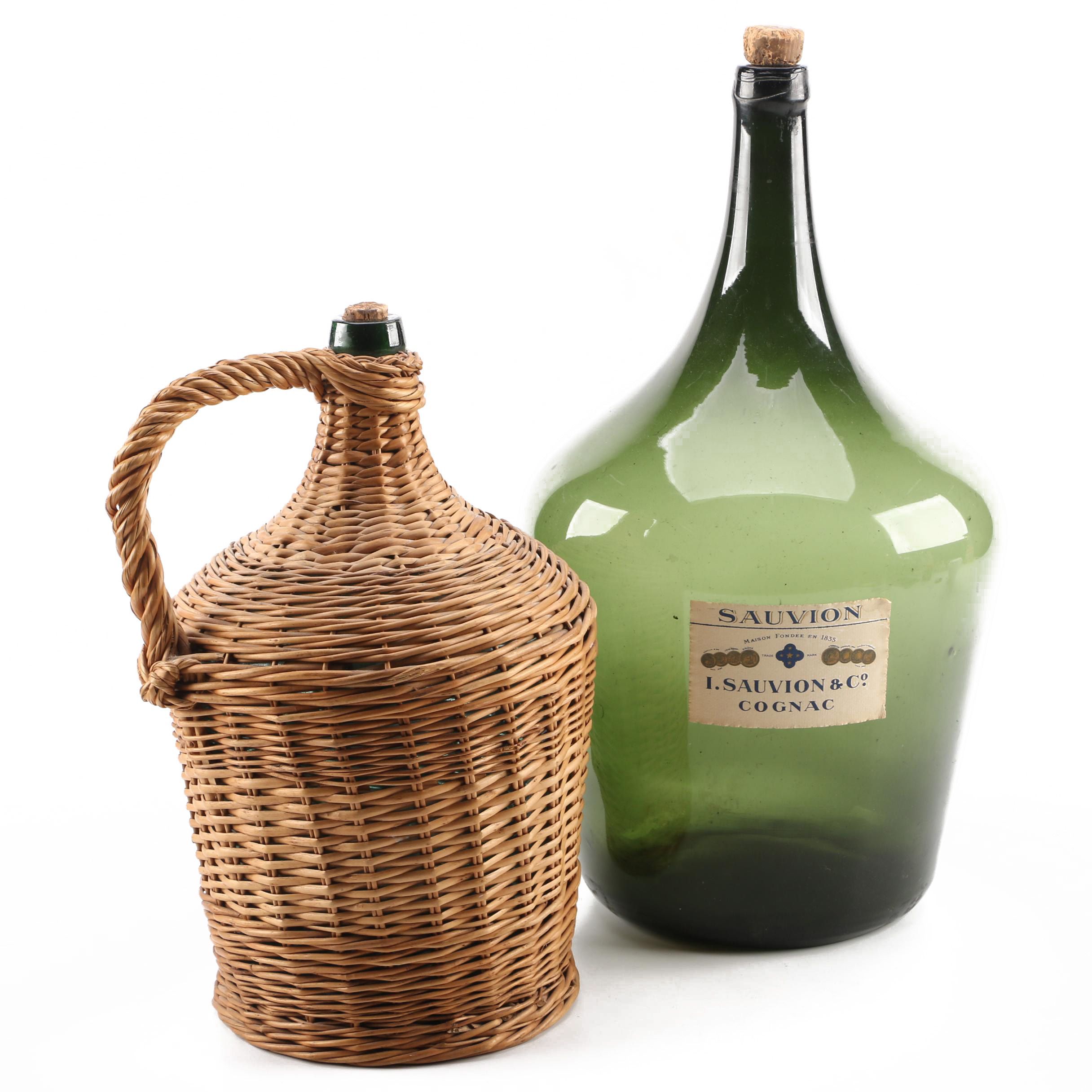 PRIORITY-Sauvion Cognac Green Bottle and Bottle with Wicker Cover
