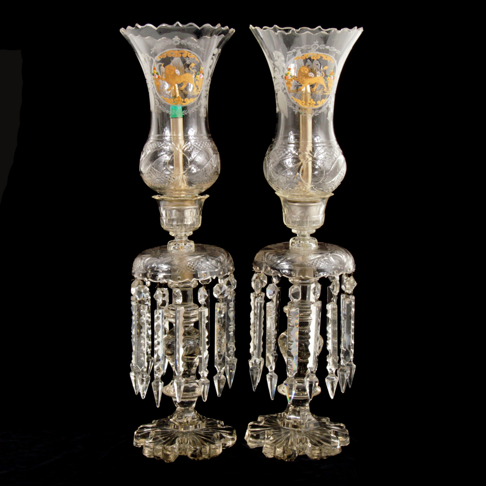Pair of 19th Century Qajar Hand-Painted Baccarat Crystal Mantle Lusters