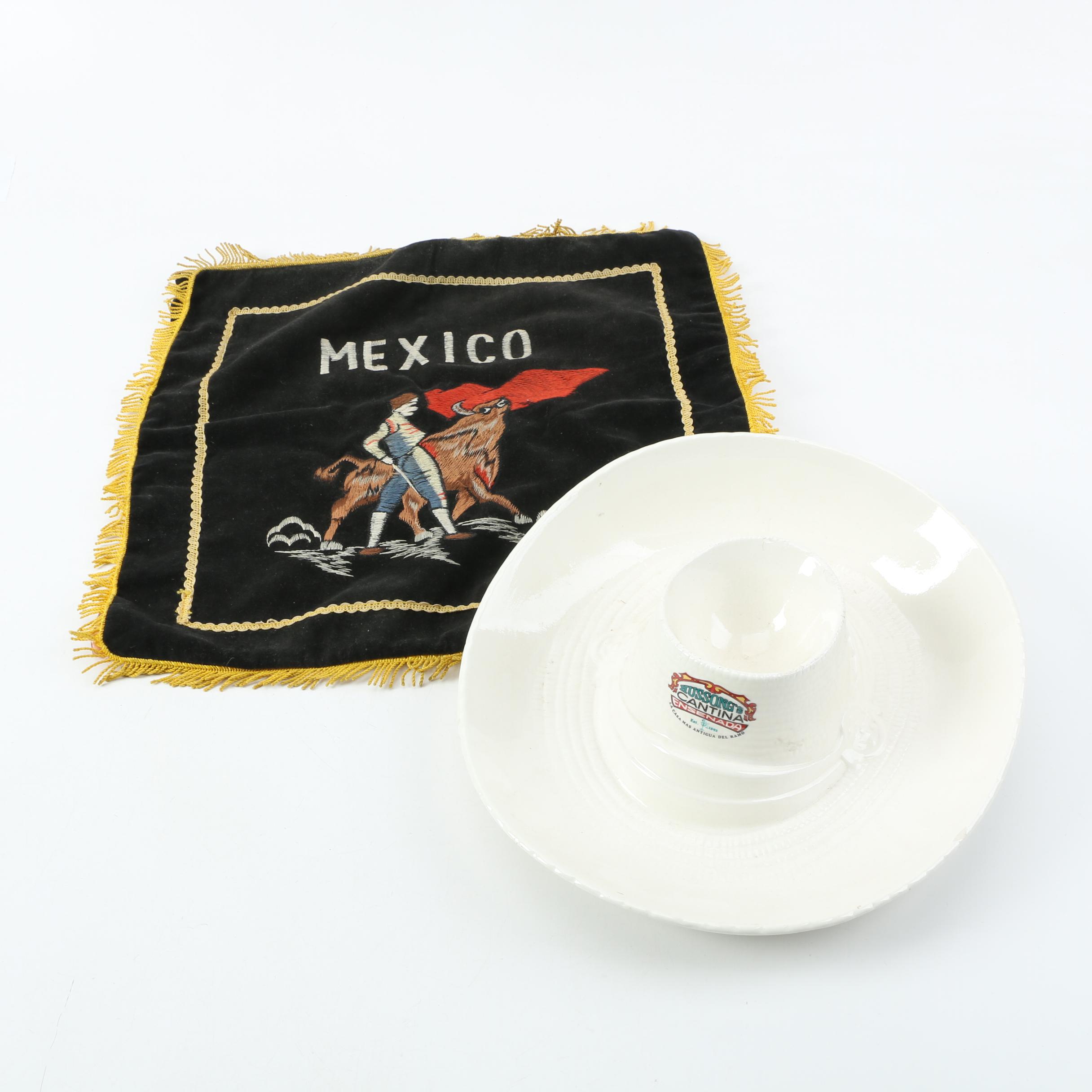 Vintage Embroidered Mexican Bullfighting Pillow Cover and Cantina Dish