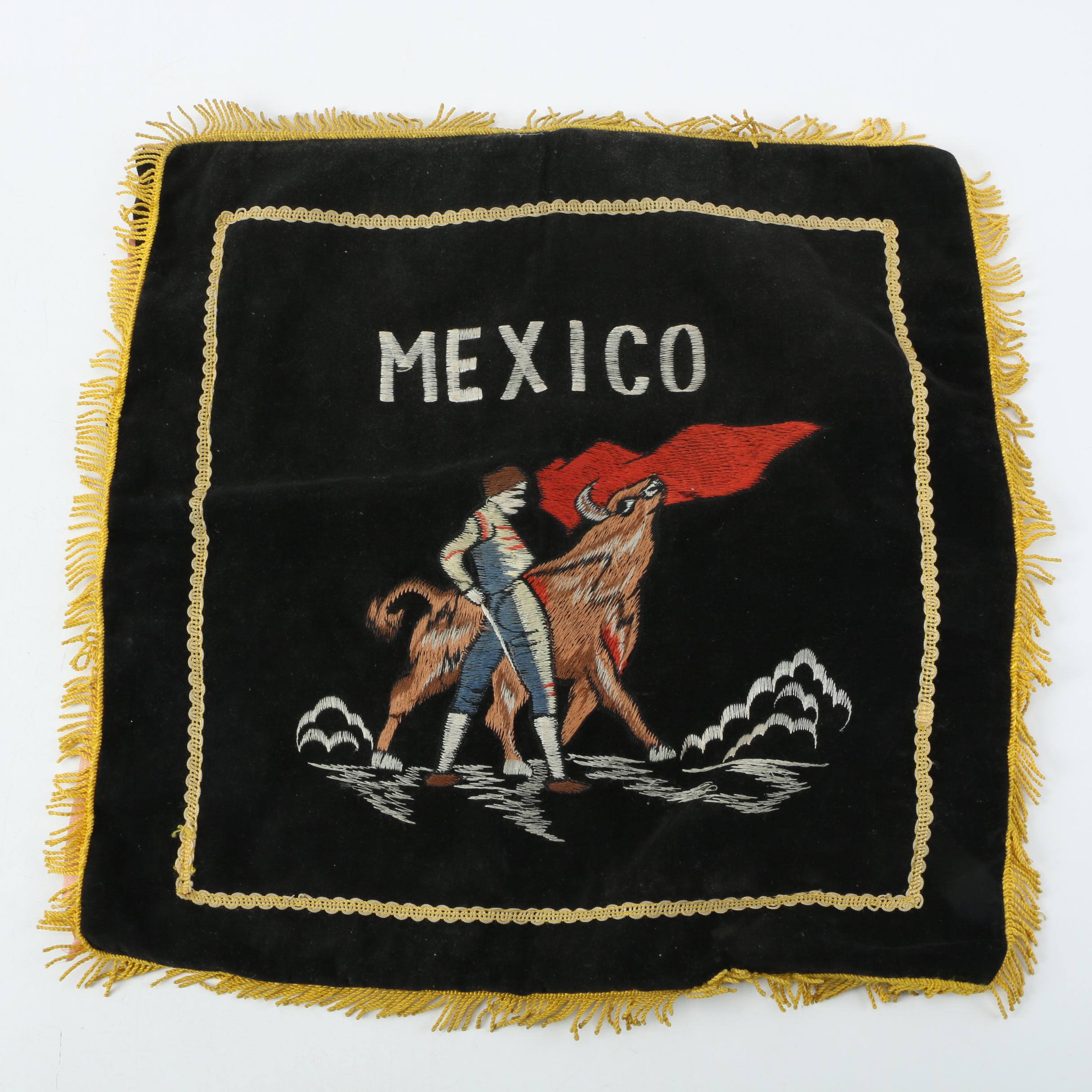 Vintage Embroidered Mexican Bullfighting Pillow Cover and Cantina Dish
